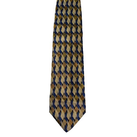 NINO FERRETI Blue & Gold Geometric & Diamond Print Vintage 100% Silk Tie | 57" - Picture 3 of 6